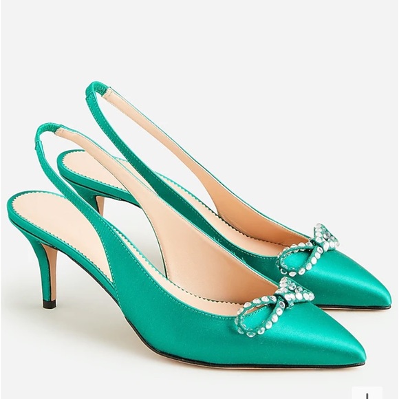 “J Crew,Colette” satin emerald green slingback with  embellished bow; size 7.5 - Picture 2 of 12